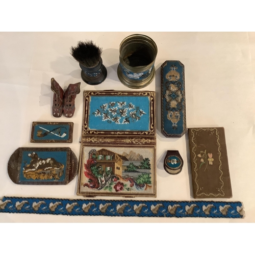 92 - A collection of fine Berlin beadwork; to include a 'dog' motif beaded pouch, a shaving brush and con... 