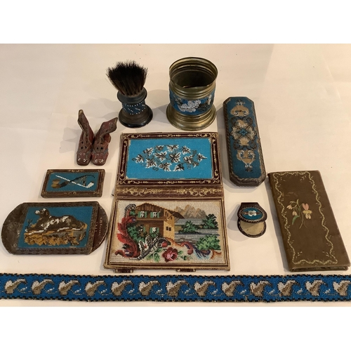 92 - A collection of fine Berlin beadwork; to include a 'dog' motif beaded pouch, a shaving brush and con... 