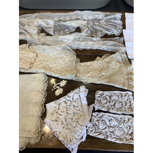 95 - Good for bridal, tv and film designers; a collection of mixed hand lace edged and white worked hanki... 