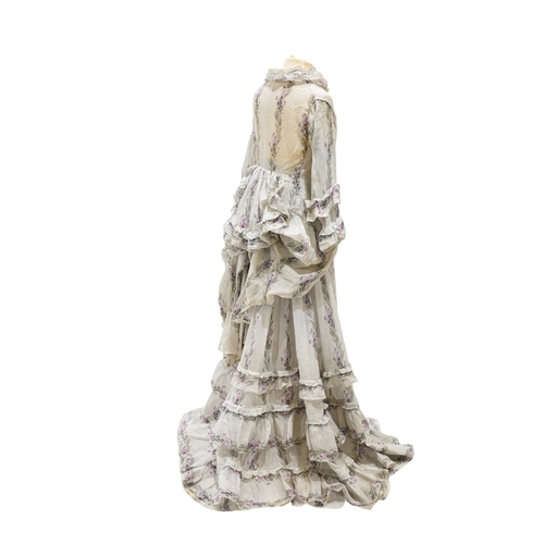 97 - A Victorian 1860-1870 ladies deep flounced lawn summer skirt and matching bustle jacket, both printe... 