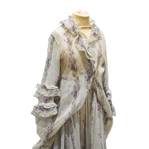 97 - A Victorian 1860-1870 ladies deep flounced lawn summer skirt and matching bustle jacket, both printe... 