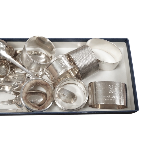 1874 - A small quantity of small silver including three pairs of napkin rings and two others and fifteen as... 
