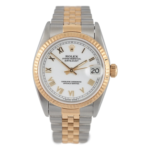 130 - A lady's late 1990's steel and gold Rolex Oyster Perpetual Datejust wrist watch, on a Rolex steel an... 