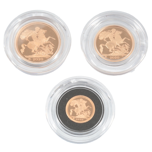 213 - British gold coins, Elizabeth II, Royal Mint gold proof three coin set, 2020, comprising sovereign, ... 