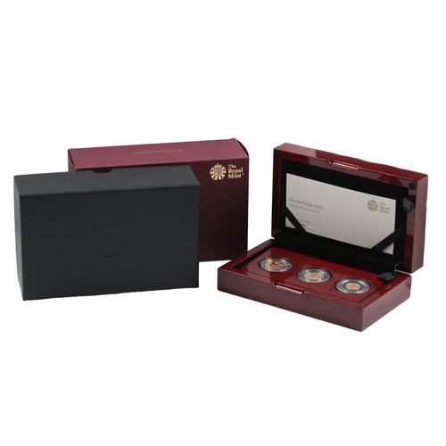 213 - British gold coins, Elizabeth II, Royal Mint gold proof three coin set, 2020, comprising sovereign, ... 