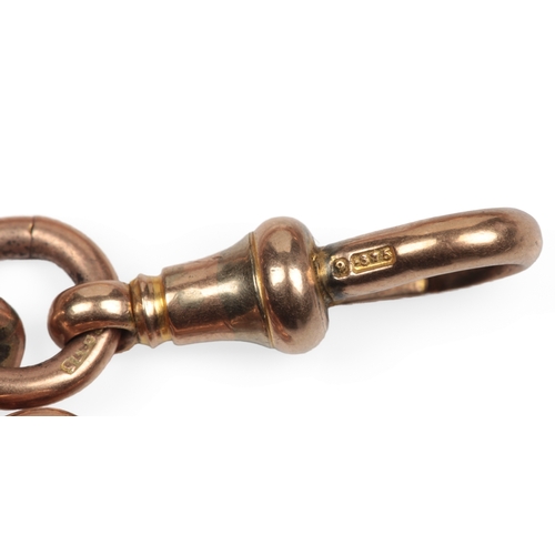 229 - A 9ct gold watch chain, circa 1900, composed of elongated and belcher linking, suspending a T-bar pe... 