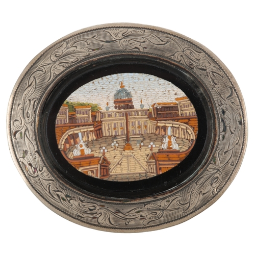 28 - A late 18th/early 19th century Italian white metal oval snuff box and cover, with later? inset oval ... 