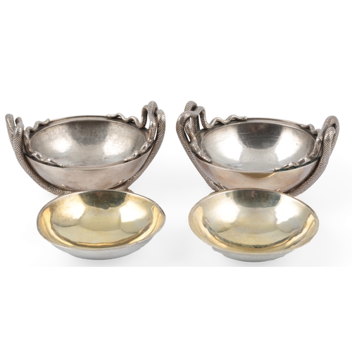 36 - PAUL STORR: A good pair of George III silver two handled cauldron shaped salts, with silver gilt lin... 