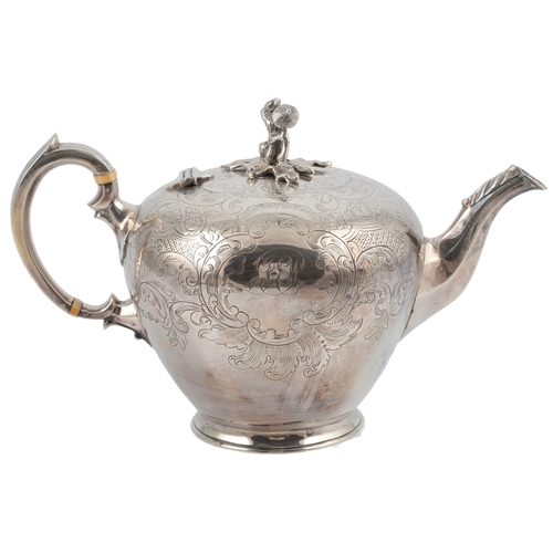 50 - A Victorian engraved silver three piece tea set, by Walter Morrisse, of pyriform and inverted pyrifo... 