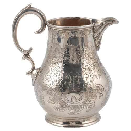 50 - A Victorian engraved silver three piece tea set, by Walter Morrisse, of pyriform and inverted pyrifo... 