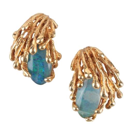 584 - Gilbert Albert, a pair of opal triplet ear clips, 1970s, each of abstract design in textured gold, s... 