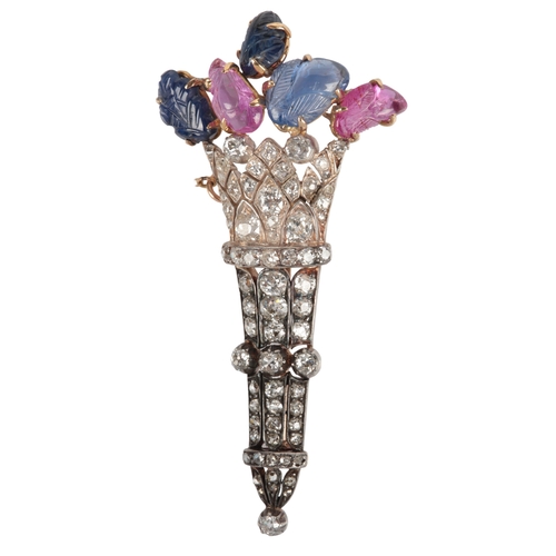 611 - An attractive sapphire, ruby and diamond brooch, late 19th century and later, designed as a bouquet,... 