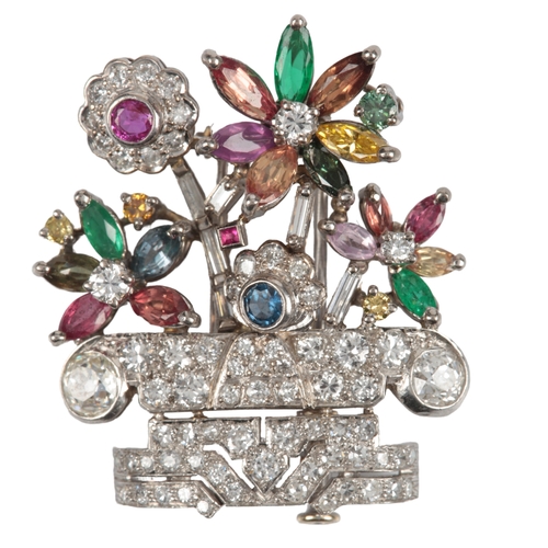 613 - A multi-gem and diamond giardinetto brooch, designed as a planter filled with flowers, set with vari... 