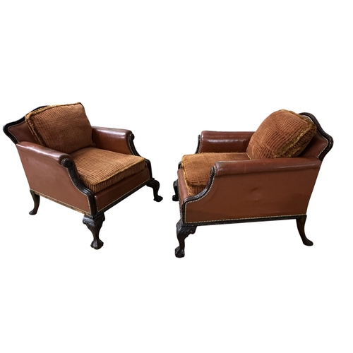 2067 - A pair of early 20th century French carved mahogany leather library chairs, width 84cm, depth 90cm, ... 