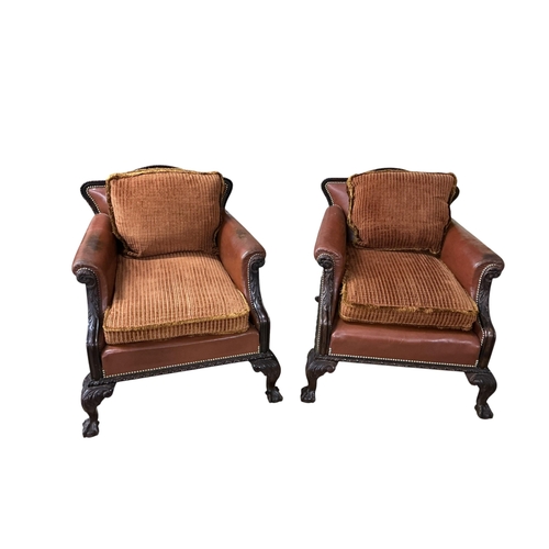 2067 - A pair of early 20th century French carved mahogany leather library chairs, width 84cm, depth 90cm, ... 