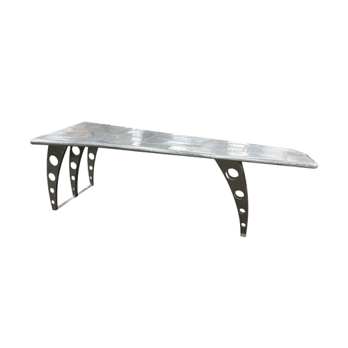 2074 - An Aviator style aluminium covered 'aircraft wing' desk / console table, manner of Timothy Oulton, l... 