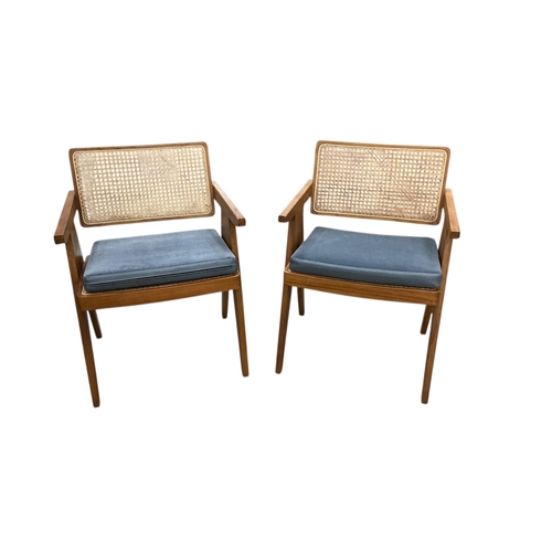 2075 - A pair of Pierre Jeanneret style caned teak armchairs, width 58cm, depth 55cm, height 79cm