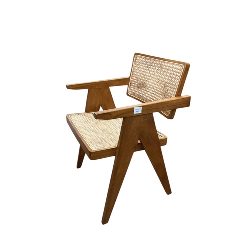 2075 - A pair of Pierre Jeanneret style caned teak armchairs, width 58cm, depth 55cm, height 79cm