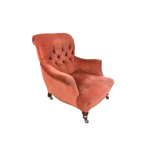 2077 - A late Victorian upholstered button back armchair, width 90cm, depth 70cm, height 93cm