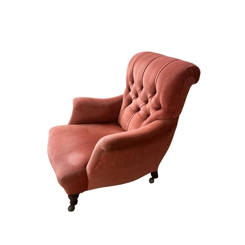 2077 - A late Victorian upholstered button back armchair, width 90cm, depth 70cm, height 93cm