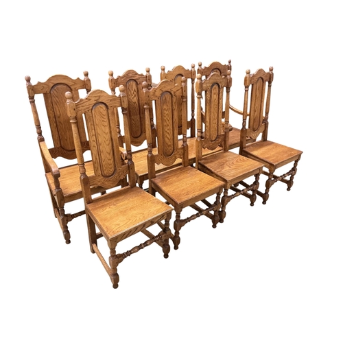 2097 - A set of eight 18th century style panelled oak dining chairs, two with arms, largest width 55cm, dep... 