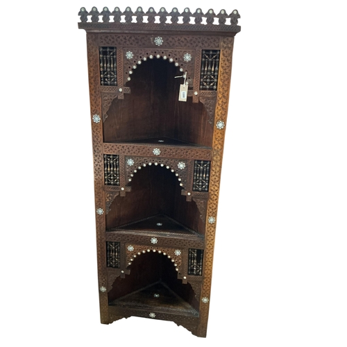 2098 - A 19th century Syrian bone inlaid corner cabinet, width 70cm, depth 37cm, height 174cm