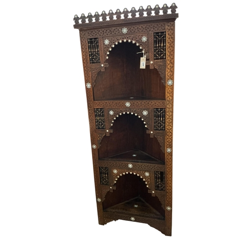 2098 - A 19th century Syrian bone inlaid corner cabinet, width 70cm, depth 37cm, height 174cm