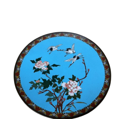 2271 - A pair of Japanese cloisonné plates enamelled with cranes and flowers, 30cm in diameter