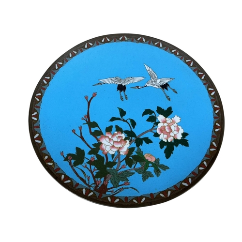 2271 - A pair of Japanese cloisonné plates enamelled with cranes and flowers, 30cm in diameter