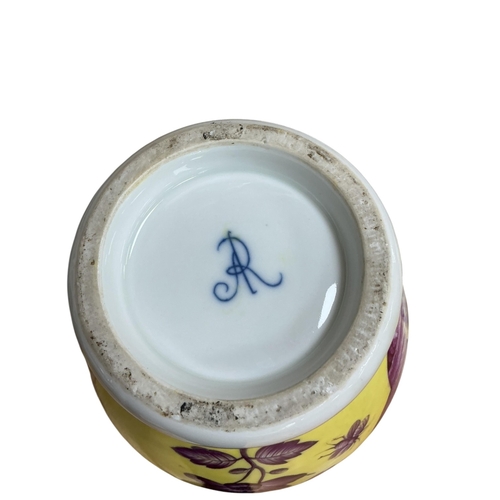 2275 - A Meissen style yellow ground porcelain jar and cover, 20th century, of baluster form, hand painted ... 
