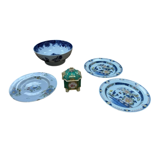 2300 - A pair of 18th century Delft polychrome plates, diameter 23cm, a faience plate, an English pearlware... 