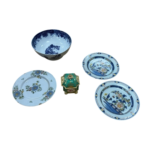 2300 - A pair of 18th century Delft polychrome plates, diameter 23cm, a faience plate, an English pearlware... 