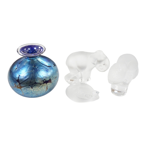 2428 - Lalique France, a frosted glass owl, duck and elephant, largest 8.5cm and a Gozo iridescent glass va... 