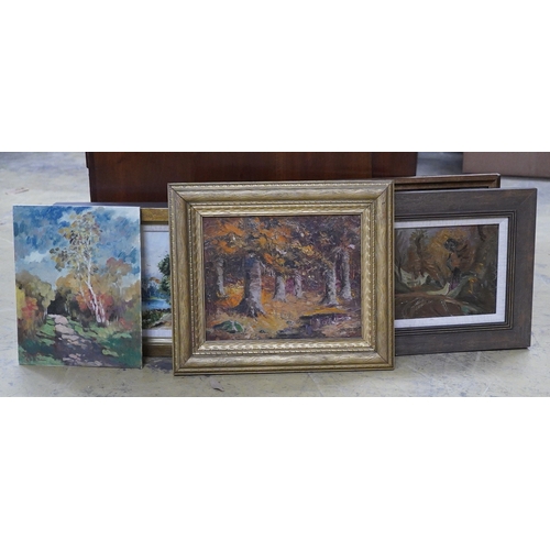 2791 - A collection of vintage and contemporary oil landscapes to include a 20th century study of two figur... 