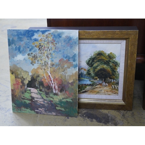 2791 - A collection of vintage and contemporary oil landscapes to include a 20th century study of two figur... 