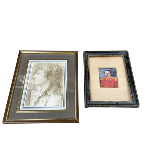 2792 - A print of a boy in profile, along with a Naive school, portrait miniature of an officer, watercolou... 