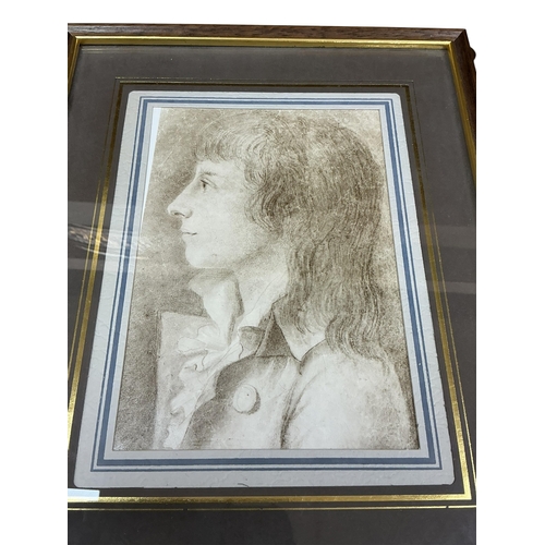 2792 - A print of a boy in profile, along with a Naive school, portrait miniature of an officer, watercolou... 