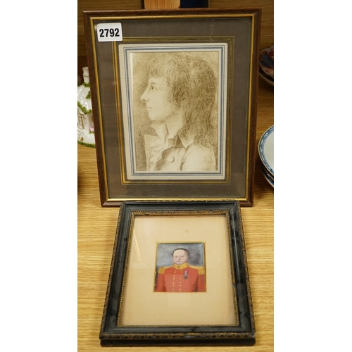 2792 - A print of a boy in profile, along with a Naive school, portrait miniature of an officer, watercolou... 
