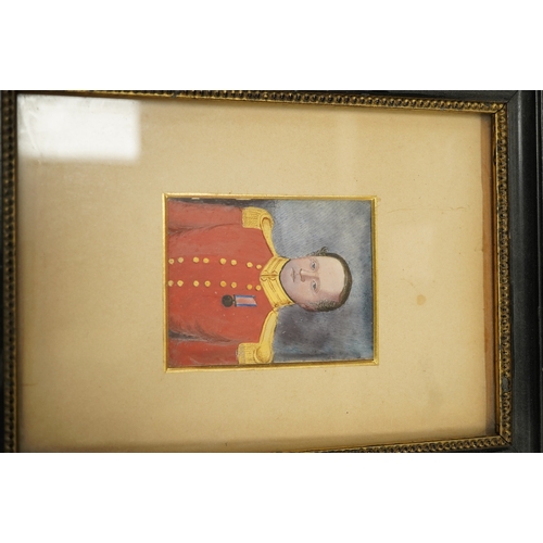 2792 - A print of a boy in profile, along with a Naive school, portrait miniature of an officer, watercolou... 