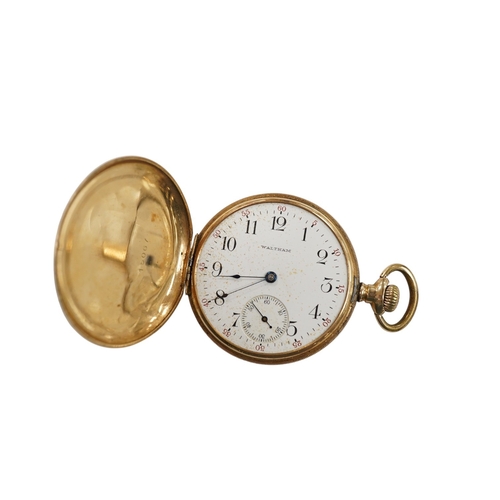 2916 - An early 20th century American Waltham 14k hunter keyless pocket watch, with Arabic dial and subsidi... 