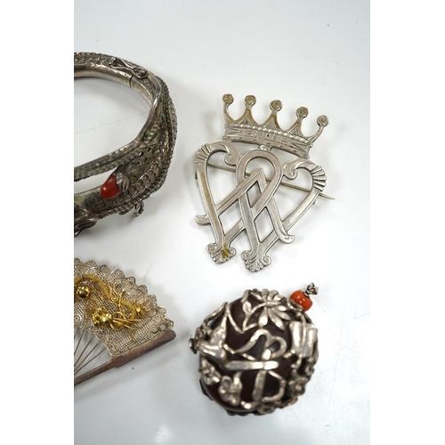 2922 - A Chinese white metal and gem set hinged bangle, a similar fan brooch and three other items.