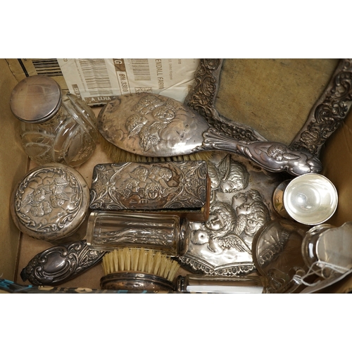 1841 - A group of assorted dressing table items including toilet jars, hand mirror and brushes, together wi... 