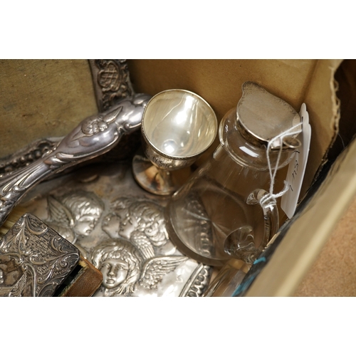 1841 - A group of assorted dressing table items including toilet jars, hand mirror and brushes, together wi... 