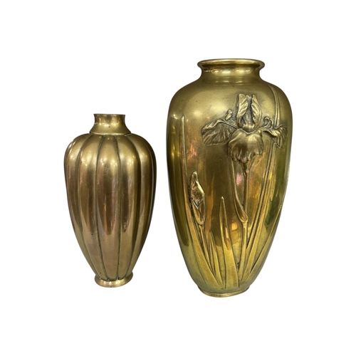 1323 - Two Japanese brass vases, one decorated in relief with flowers, largest 29cm high