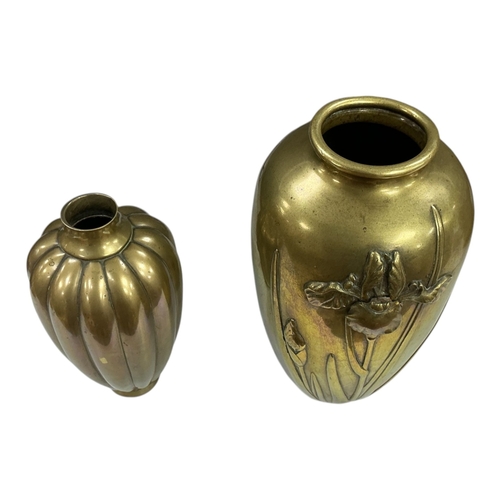 1323 - Two Japanese brass vases, one decorated in relief with flowers, largest 29cm high
