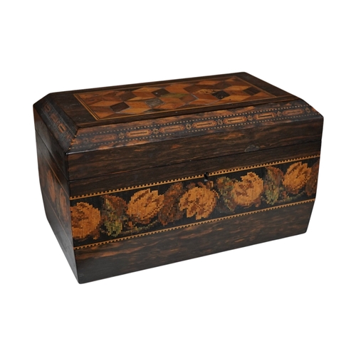 1383 - A Victorian Tunbridge ware perspective, cube specimen marquetry and tesserae mosaic coromandel wood ... 