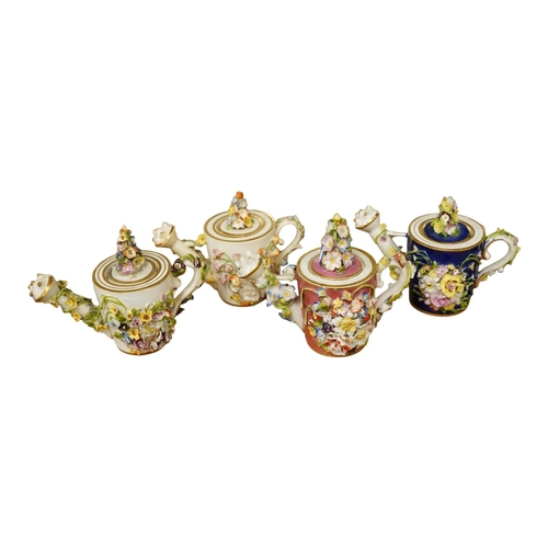 1439 - Four Bloor Derby floral encrusted rosewater spirinklers, c.1825-35, largest 10cm high