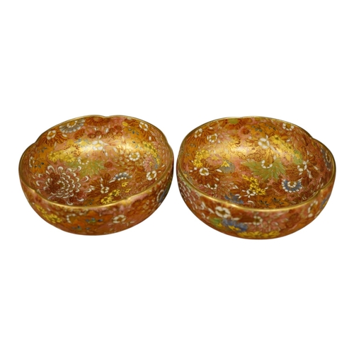 1443 - A pair of Japanese Satsuma pottery thousand flower pentafoil shaped bowls, 9cm in diameter