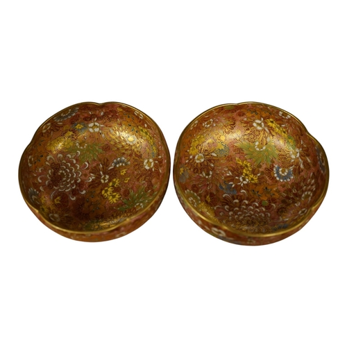 1443 - A pair of Japanese Satsuma pottery thousand flower pentafoil shaped bowls, 9cm in diameter