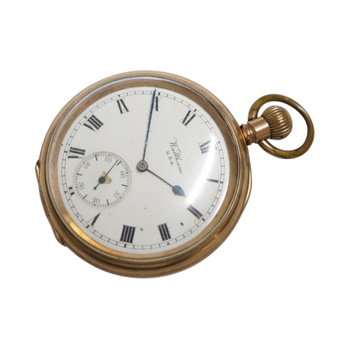 1921 - A gold plated Waltham open faced pocket watch with Roman dial and subsidiary seconds, case diameter ... 